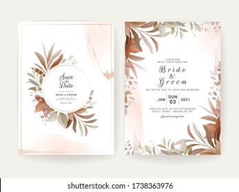 Tarjeta de fondo floral. Plantilla de invitación de bodas con hojas marrones para guardar el diseño de fecha, saludo, afiche y portada