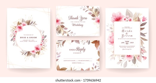 Floral background cards. Wedding invitation template set with brown flowers & gold leaves for save the date, greeting, poster, and cover design