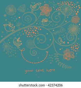 Floral background with cartoon birds