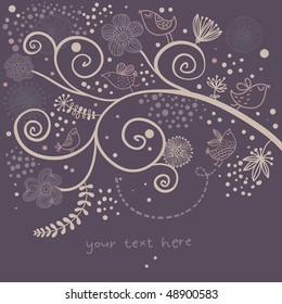 Floral background with cartoon birds