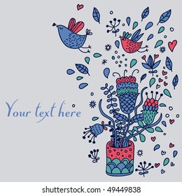 Floral background with cartoon birds