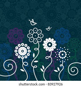 Floral background with cartoon birds