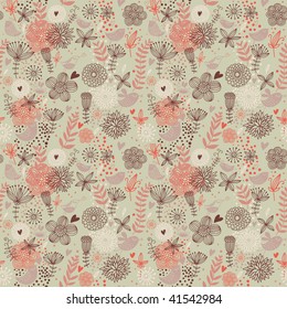 Floral background with cartoon birds. Seamless pattern