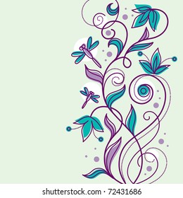 Floral background with cartoon dragonflies