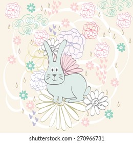 floral background with cartoon rabbit  in light colors.