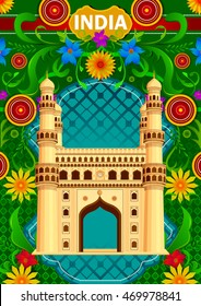 Floral background with Charminar showing Incredible India in vector