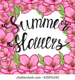 floral background with cherry blossom and lettering summer flowers