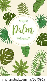 Floral background with circle frame for text. Collection with tropical leafs in sketch style. Design for invitation, wedding or greeting cards and prints. Vector illustration.