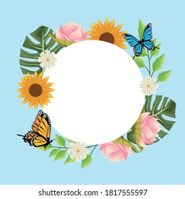 floral background in circular frame with butterflies and flowers vector illustration design