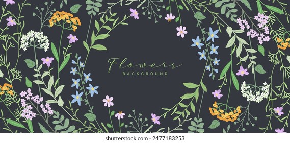 Floral background with a colorful pattern of meadow wildflowers and herbs. Modern elegant natural background with small flowers. Botanical flat vector illustration