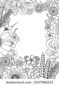 Floral background. Coloring book page for adults. Black and white vector illustration.
