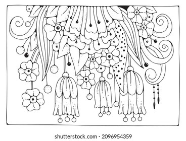 Floral background for coloring, coloring page for children and adults. Vector background with flowers for drawing.