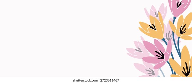 Floral Background with Copy Space and Yellow and Pink Crocus Flowers