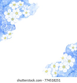 Floral background with corner watercolor elements  and butterflies.  Vector illustration with place for text. Invitation, greeting card or an element for your design.
