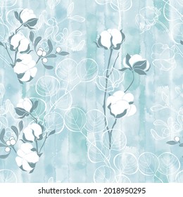 Floral Background. Cotton And Eucalyptus Branches, Mistletoe. Nature Seamless Pattern. Vector. Pre-made Design On Winter Or Christmas Theme , Floral, Watercolor Spots. 