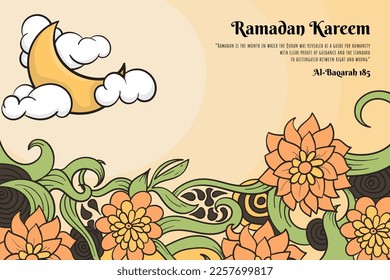 Floral background with crescent moon in hand drawn for ramadan kareem template design