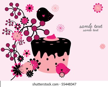 floral background with cupcake and birds