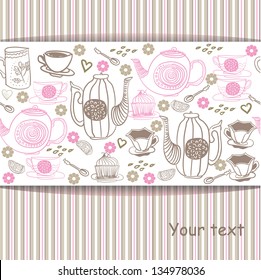 floral background with cups and teapots . eps10