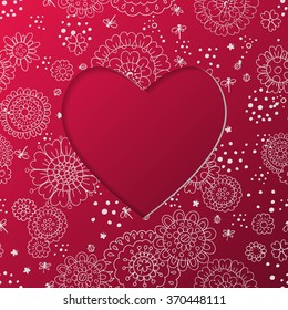 Floral background with cut in heart shape with space for text. Valentines day card.