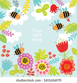 Floral background with cute bees.