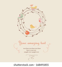Floral background with cute birds in cartoon style.