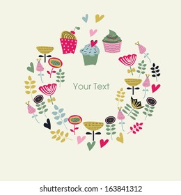 Floral background with cute cupcakes in cartoon style. Happy birthday greeting card. Invitation. Place for text.