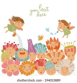 Floral background with cute fairies