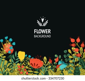 Floral background with cute flowers for design save the date cards, invitations, posters and birthday decorations. Cute illustration on black background