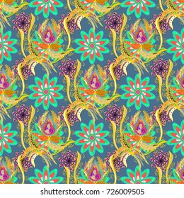 Floral background. In cute textile style on blue, yellow and green colors. Vector illustration. Colorful seamless pattern. Flowers wallpaper.