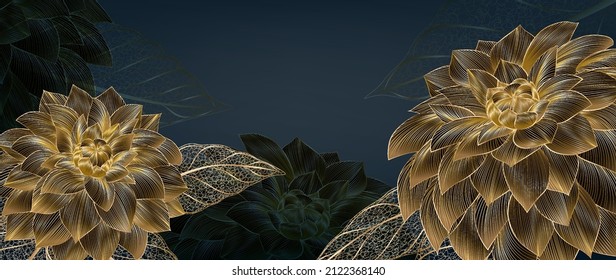 Floral background with dahlias in gold color art line on a dark background. Botanical art banner for invitations, weddings, decor