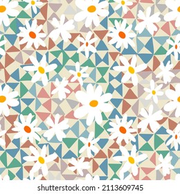 Floral background with daisies. Simple meadow flowers overlay on multicolor triangular background. Summer botanical seamless pattern with silhouettes of small flowers on geometric polygonal texture.