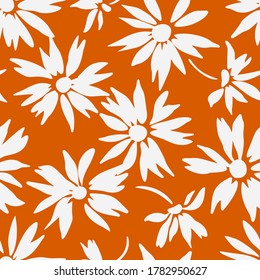 Floral background with daisies. Summer botanical seamless pattern with silhouettes of blooming flowers. Cartoon flat style. Simple meadow flowers isolated. Fabric and textile design.