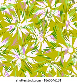Floral background with daisies. Summer botanical seamless pattern with silhouettes of blooming flowers. Cartoon flat style. Simple meadow flowers isolated. Fabric and textile design.