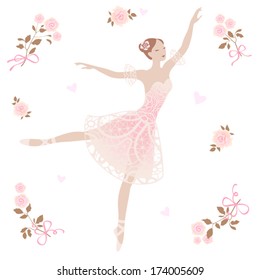 Floral background with dancing ballerina. Vector design.