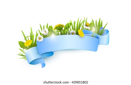 Floral background with dandelions and chamomiles. Silk blue ribbon with wildflowers. Vector floral banner.