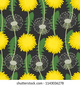 Floral background with dandelions. Seamless pattern with yellow and white flowers, and green leaves. Vector illustration