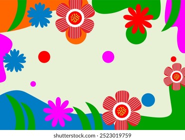 The floral background is decorated with beautiful multicolored blooming flowers and leaf fringe. Spring botanical flat vector illustration on white background