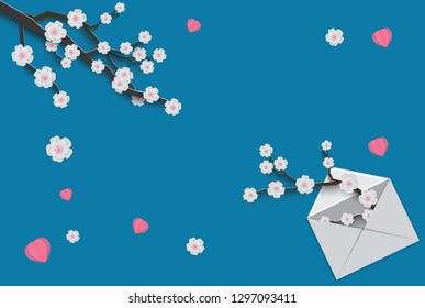 Floral background decorated blooming cherry flowery branch, bright blue backdrop for spring time season design. Banner, poster, flyer with place for your text. Paper cut out style, vector illustration