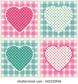 Floral background with decorative patchwork hearts. Easter vector pattern for cushion, pillow, bandanna, silk kerchief or shawl fabric print. Texture for clothes, bedclothes. Embroidery stylization