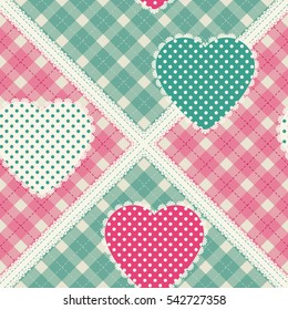 Floral background with decorative patchwork hearts. Easter vector pattern for cushion, pillow, bandanna, kids cloth, kerchief, fabric print. Texture for clothes, bedclothes. Embroidery stylization