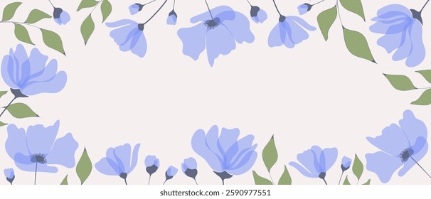 Floral background with delicate blue flowers and green leaves on a light backdrop. Elegant botanical frame design suitable for invitations, greeting cards, and decorative templates