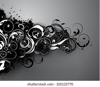 Floral background design of black and white swirling and waving branches, with vector shadow effects on gray background