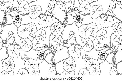 Floral background design featuring a climbing vine plant with leaves and flowers. Seamless vector pattern in black and white.
