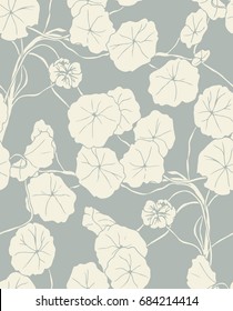 Floral background design featuring a climbing vine plant with leaves and flowers. Seamless vector pattern in gray and ivory.