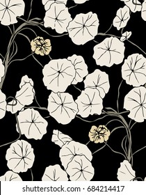 Diseño de fondo floral con una planta de vid trepadora con hojas y flores. Patrón de Vector sin costuras en colores negro y marfil.
