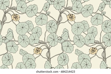 Floral background design featuring a climbing vine plant with leaves and flowers. Seamless vector pattern in faded vintage colors.