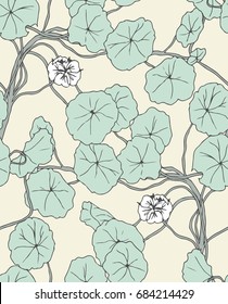 Floral background design featuring a climbing vine plant with leaves and flowers. Seamless vector pattern in cream and light blue.