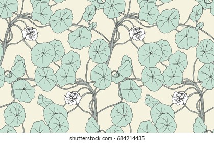 Floral background design featuring a climbing vine plant with leaves and flowers. Seamless vector pattern in cream and light blue.