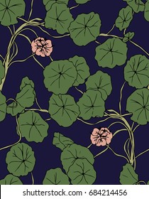 Floral background design featuring a climbing vine plant with leaves and flowers. Seamless vector pattern in navy, olive green and pink.