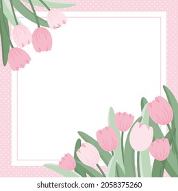 Floral background design with pink tulips. Decorative frame. Flat style vector illustration.